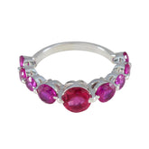 Sterling silver ring with central deep red stone and six smaller pink stones abstract red navratna ring